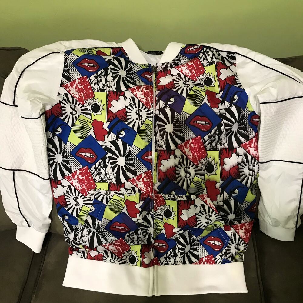 GNET Bomber Jacket Small White Pop Art Comic Print Zip Front‎ Streetwear